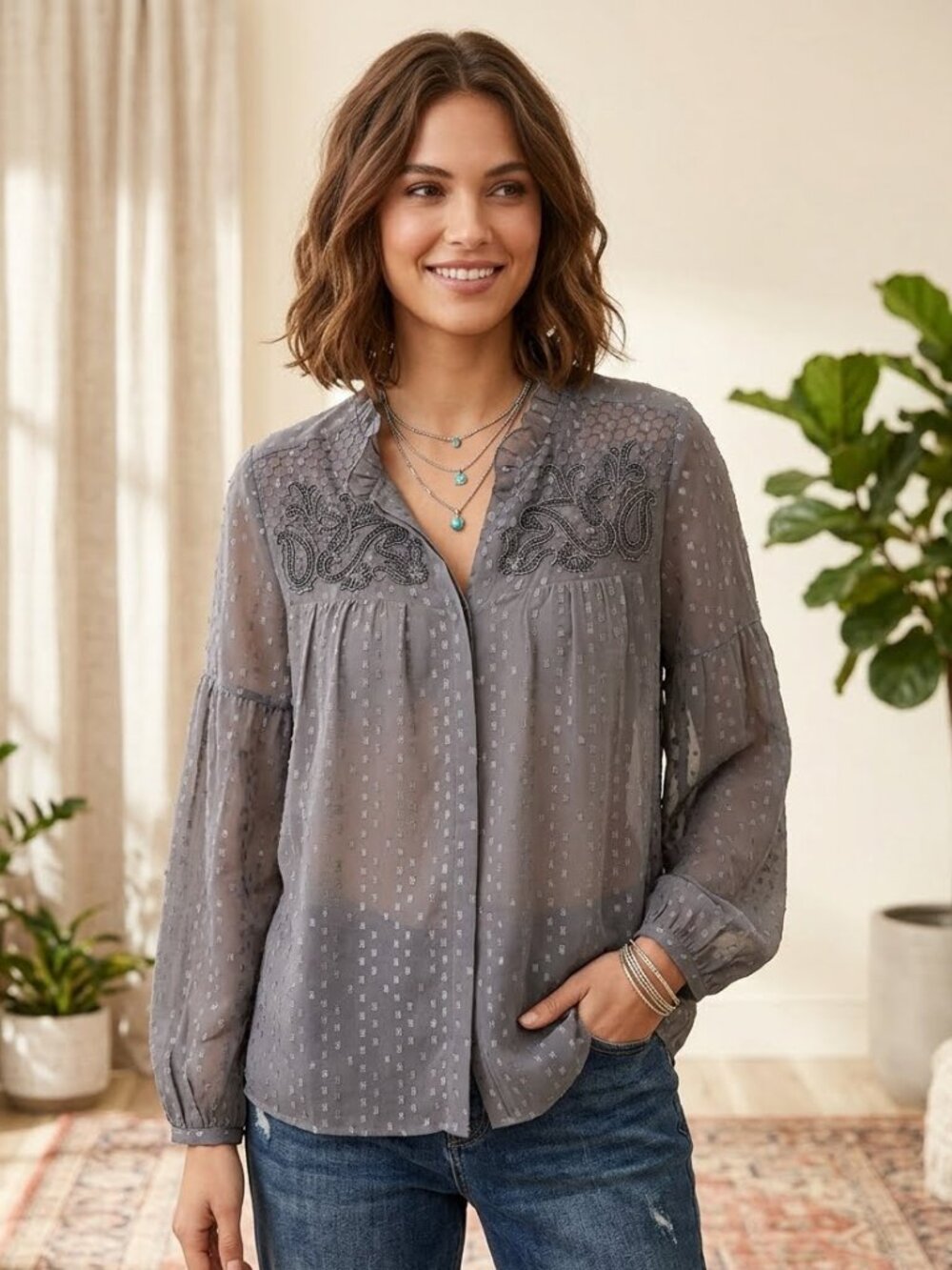 Chico’s Size 2 Gray Sheer Embroidered Beaded Boho Blouse Ruffle Neck
